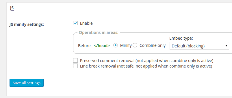 W3 Total Cache minify settings